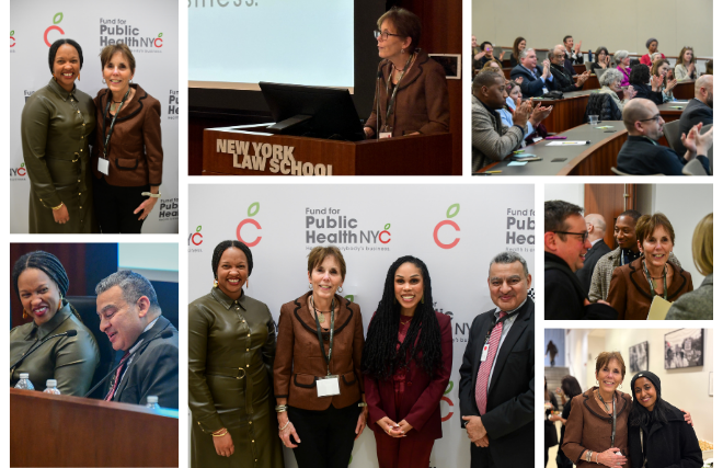 A collage of six photos from a Fund for Public Health in NYC (FPHNYC) event at New York Law School, showing speakers, Sara Gardner, attendees, and panelists posing, presenting, and applauding in a lecture hall.