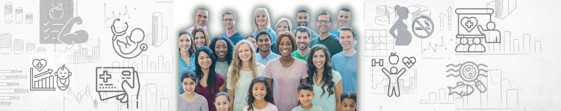 Graphic with crowd of people and icons related to health